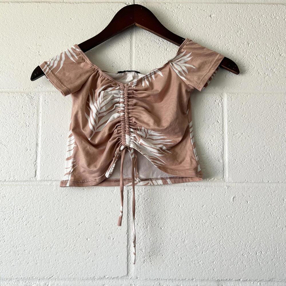Publik Pink White Palm Tree Scrunch Off The Shoulder Crop Top Girls Size 7